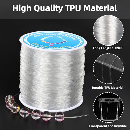 Alyvisun Clear Elastic String for Bracelet Making, 2 Rolls 0.8mm, 120m/Spool - Suitable for DIY Jewelry Making, Necklaces, Bracelets, Crafts