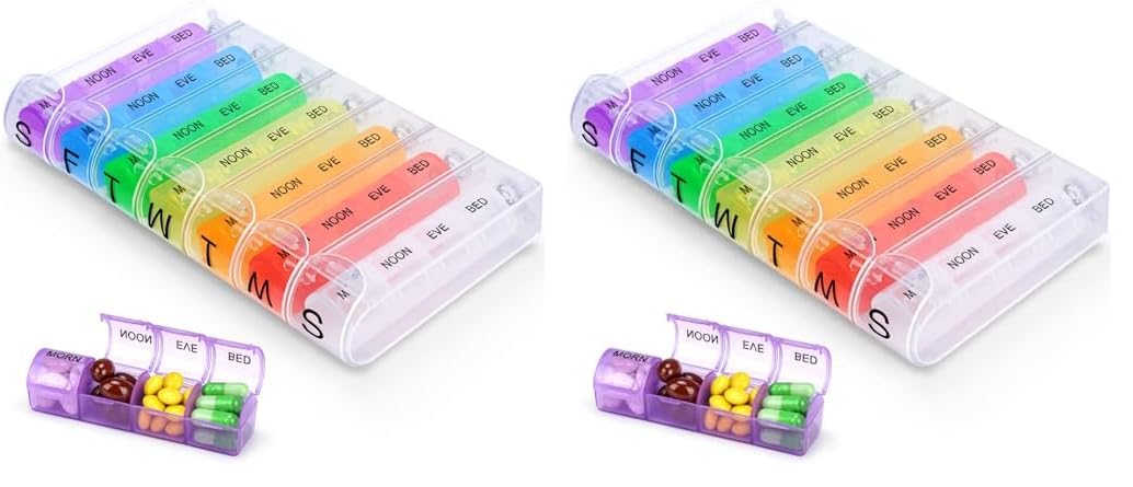 Alyvisun 7 Day Pill Box Organiser 4 Times a Day, Weekly Tablet Box Travel Pill Organiser 28 compartments, Portable Pill Case Dispenser with Spring Assisted Open and Snap on Lid Design for Travel Work