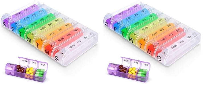 Alyvisun 7 Day Pill Box Organiser 4 Times a Day, Weekly Tablet Box Travel Pill Organiser 28 compartments, Portable Pill Case Dispenser with Spring Assisted Open and Snap on Lid Design for Travel Work