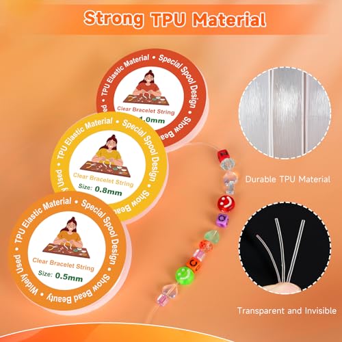 Alyvisun 6 Pcs Clear Bracelet String, (0.5mm, 0.8mm & 1mm) Elastic String For Bracelets, For DIY Bracelets, Necklace, Beading, Jewelry Making（Transparent）