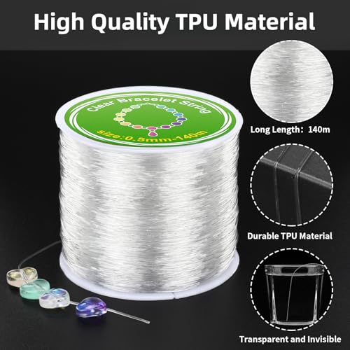 Alyvisun 2 Rolls 0.5mm Clear Bracelet String, String for Making, Suitable for DIY Jewellery Making, Necklace, Bracelet, Craft (140m/Spool)