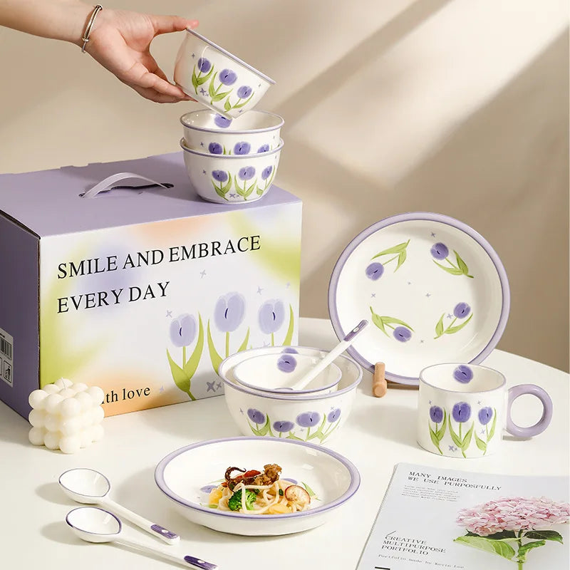 Tulip Nordic Style Tableware Set Printed Ceramic Bowl and Dish Gift Box for Four People
