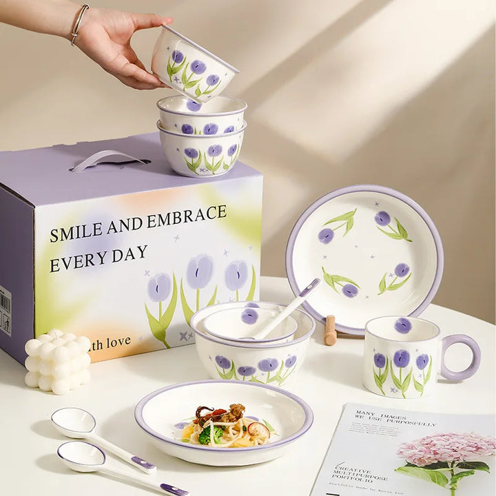Tulip Nordic Style Tableware Set Printed Ceramic Bowl and Dish Gift Box for Four People