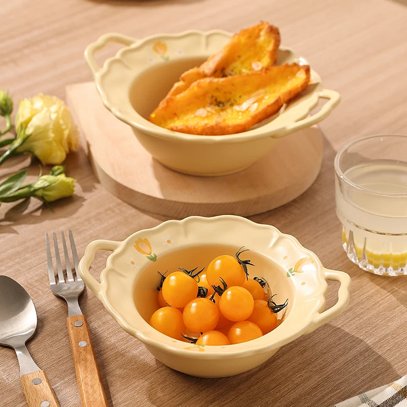 French Style 8.5-Inch Spaghetti Ceramic Bowl – Daily Use Cute Solid Color Bowl with Flower Pattern, Ideal for Restaurant, Fruit, and Breakfast Tableware