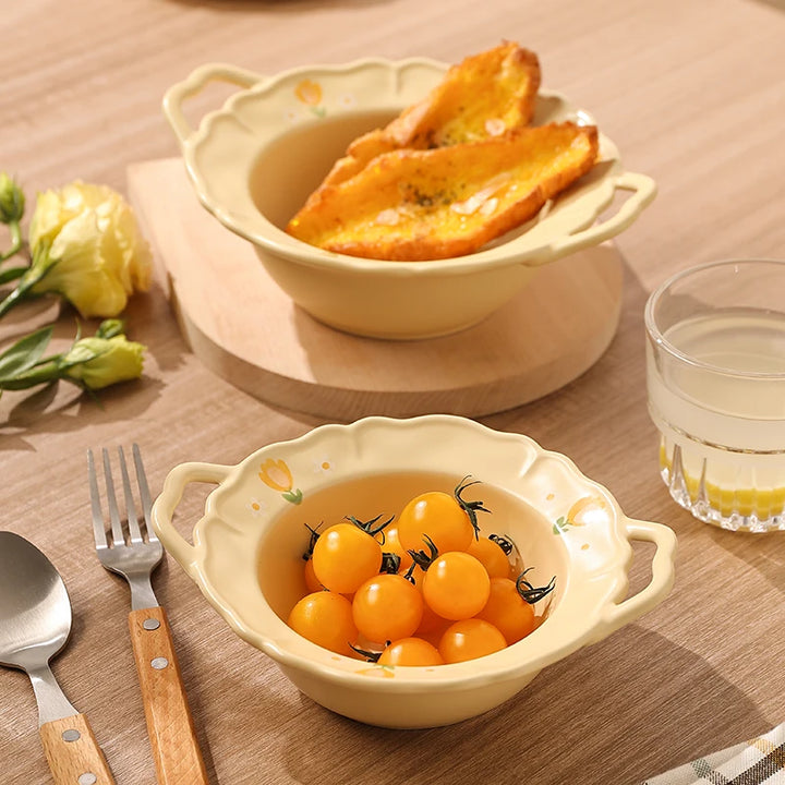 French Style 8.5-Inch Spaghetti Ceramic Bowl – Daily Use Cute Solid Color Bowl with Flower Pattern, Ideal for Restaurant, Fruit, and Breakfast Tableware