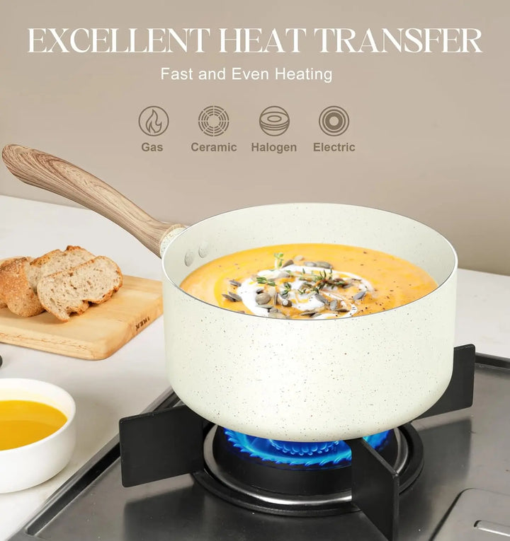 3QT Granite Coatings Nonstick Pan Home Cooking Soup Pot Dishwasher-Safe Milk Pot with Wooden Handle Kitchenware