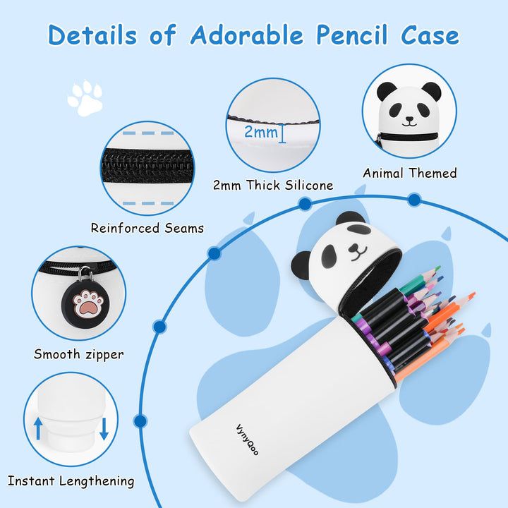 VynyQoo Pencil Case Kawaii Silicone, Pencilcase Expandable 2 in 1, Cute Pen Case, Zippered Pen Pouch for Kids, Desk Table Pen Holder Multifunctional, Panda
