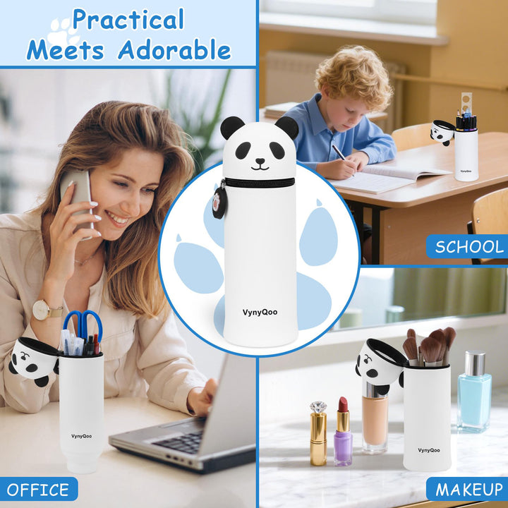 VynyQoo Pencil Case Kawaii Silicone, Pencilcase Expandable 2 in 1, Cute Pen Case, Zippered Pen Pouch for Kids, Desk Table Pen Holder Multifunctional, Panda