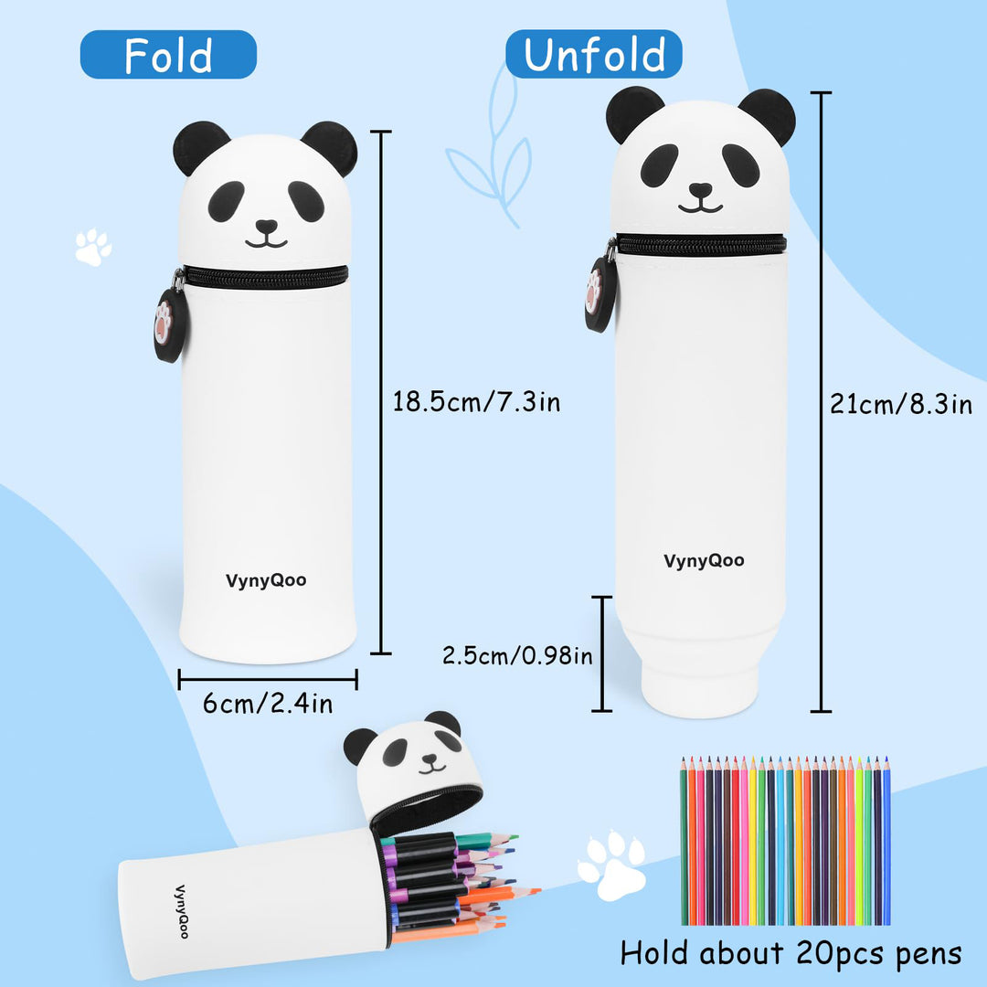 VynyQoo Pencil Case Kawaii Silicone, Pencilcase Expandable 2 in 1, Cute Pen Case, Zippered Pen Pouch for Kids, Desk Table Pen Holder Multifunctional, Panda