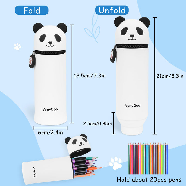 VynyQoo Pencil Case Kawaii Silicone, Pencilcase Expandable 2 in 1, Cute Pen Case, Zippered Pen Pouch for Kids, Desk Table Pen Holder Multifunctional, Panda