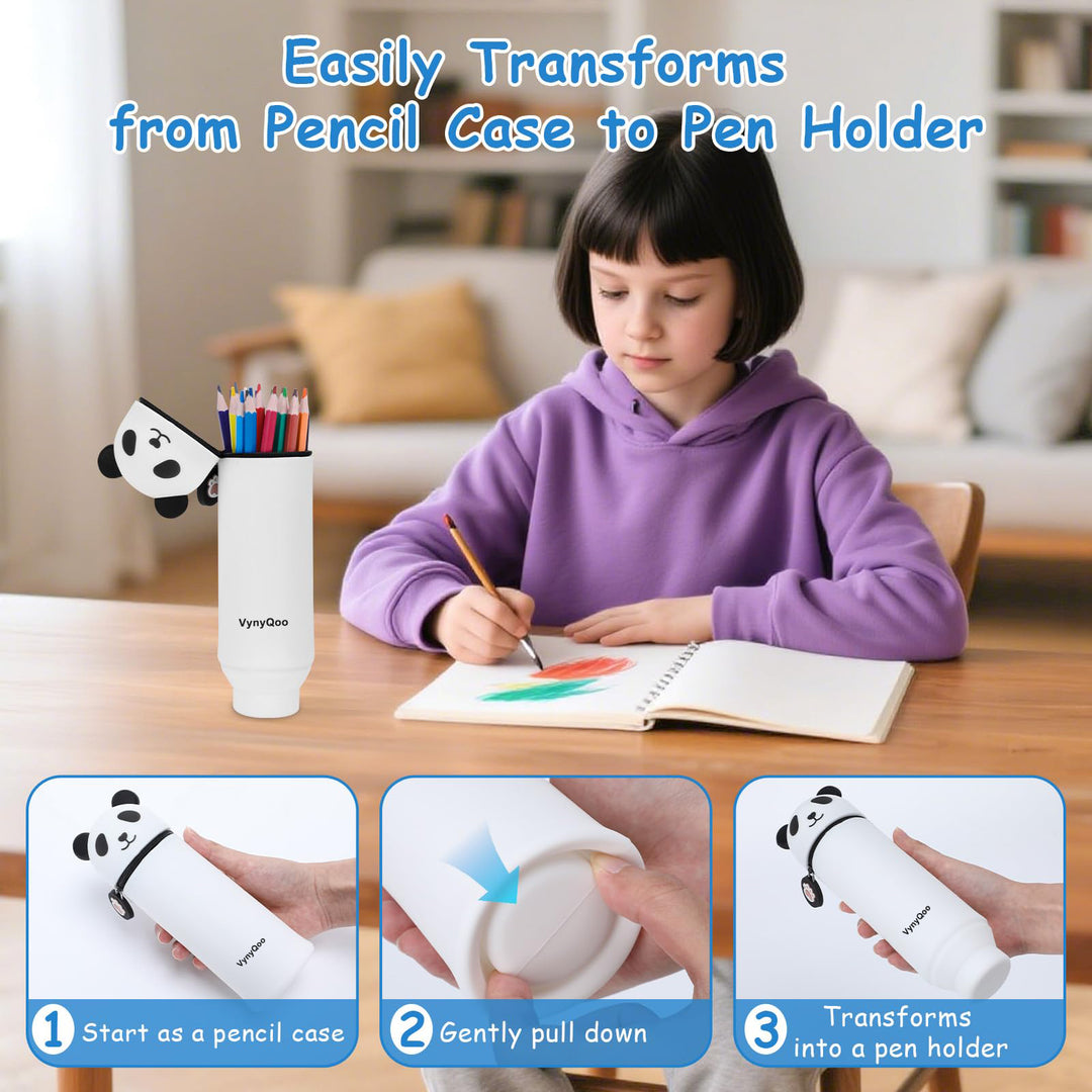 VynyQoo Pencil Case Kawaii Silicone, Pencilcase Expandable 2 in 1, Cute Pen Case, Zippered Pen Pouch for Kids, Desk Table Pen Holder Multifunctional, Panda