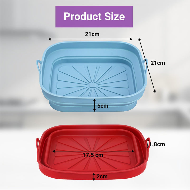 Alyvisun Silicone Air Fryer Liners 2PCS Reusable Airfryer Tray Foldable Kitchen Accessories Basket Versatile Square Baking Rack Pot for Microwave, Oven, Red+Sky Blue