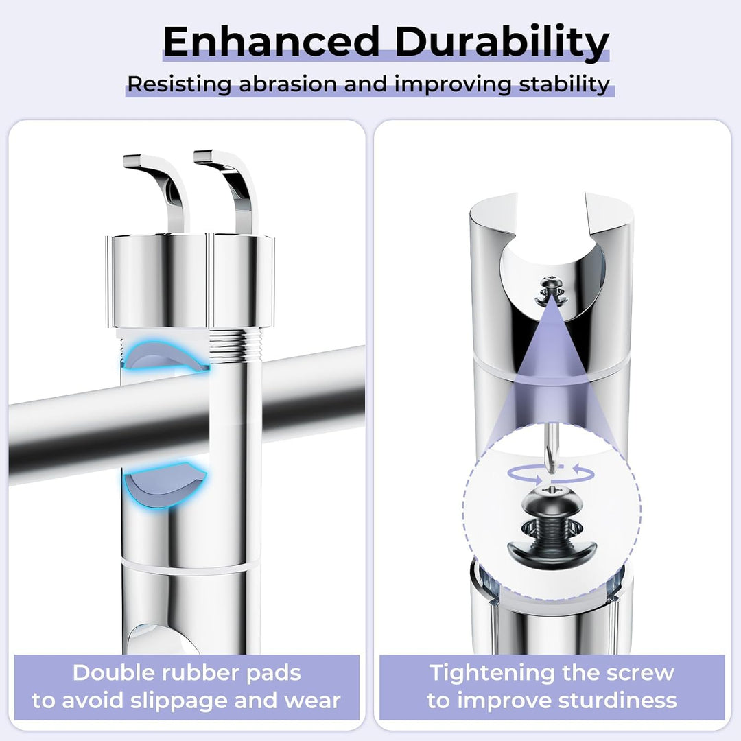Alyvisun Shower Head Holder with 2 Hooks, Adjustable Shower Holder Bracket for 16-27mm Slide Rod, Universal Chrome Plated Shower Head Holder Replacement with Easy Installation