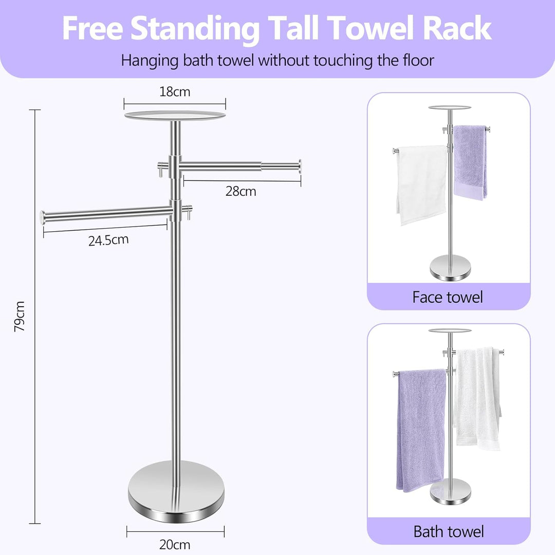 Alyvisun Bathroom Free Standing Towel Rail, Weighted-base Towel Rack with Tray and 2 Extendable Arms [Height Adjustable & 360° Rotatable], Stainless Steel Floor Standing Towel Drying Rack
