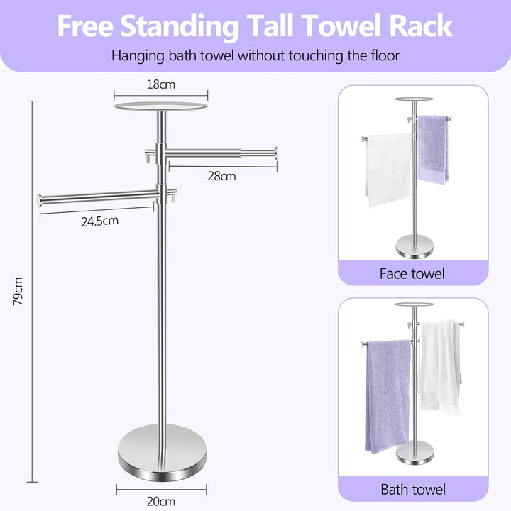 Alyvisun Bathroom Free Standing Towel Rail, Weighted-base Towel Rack with Tray and 2 Extendable Arms [Height Adjustable & 360° Rotatable], Stainless Steel Floor Standing Towel Drying Rack