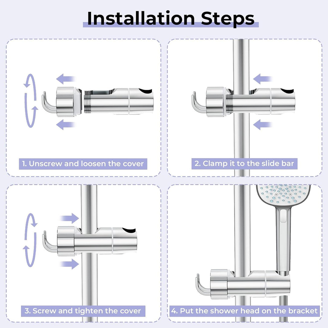 Alyvisun Shower Head Holder with 2 Hooks, Adjustable Shower Holder Bracket for 16-27mm Slide Rod, Universal Chrome Plated Shower Head Holder Replacement with Easy Installation