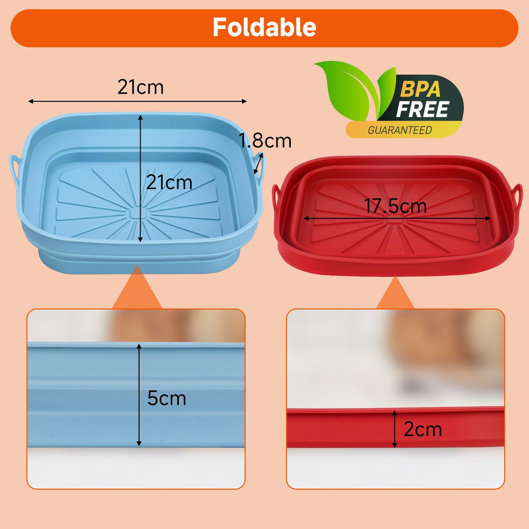 Alyvisun Air Fryer Liners 3PCS Reusable Silicone Tray Foldable Kitchen Basket Versatile Square Baking Pot Accessories for Airfryer, Microwave, Oven, Red+Black+Sky Blue