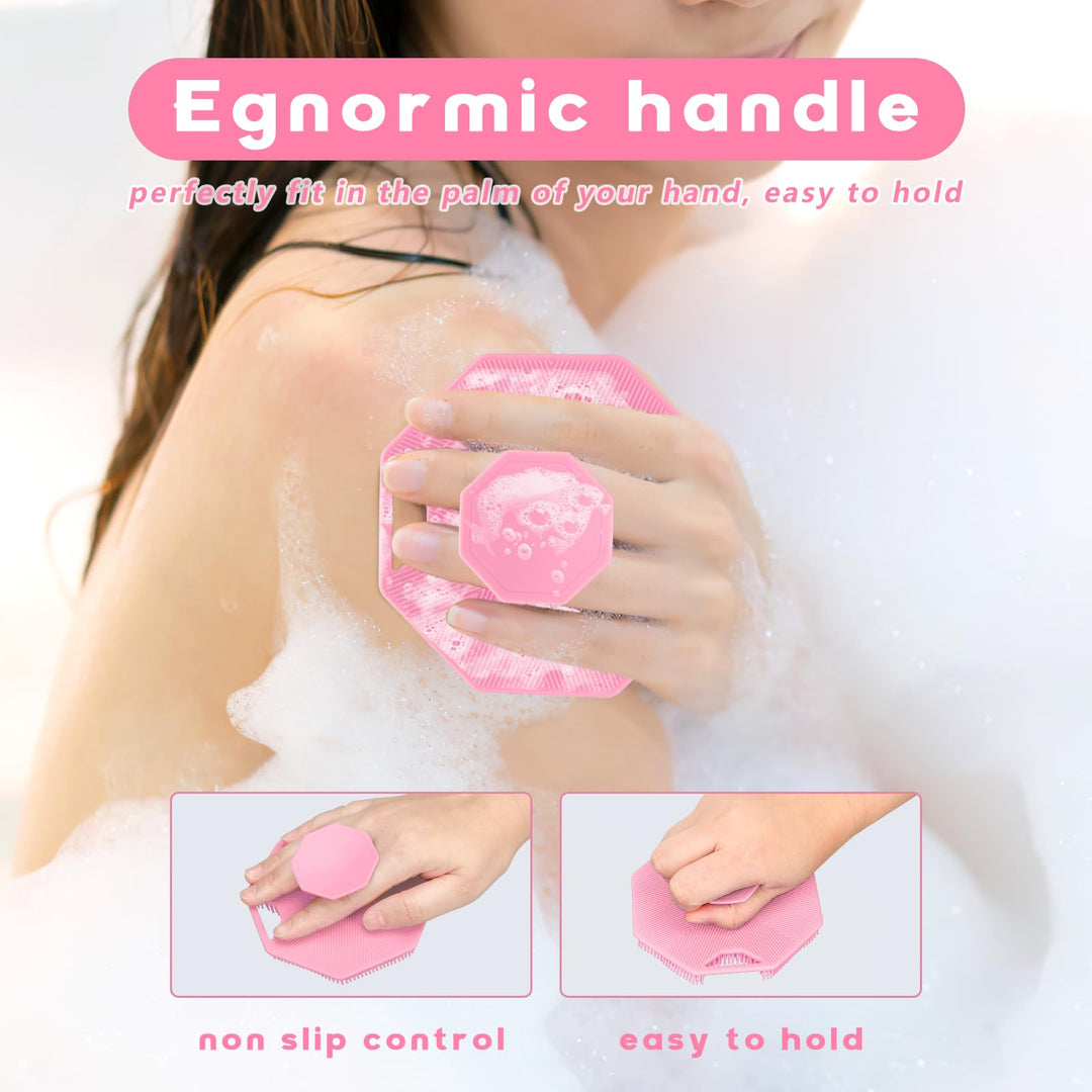 Alyvisun Silicone Body Scrubber with Hook and Suction, Handheld Shower Bath Brush for Gently Exfoliating & Massaging, Cleansing Brush for All Skin Types (Pink)