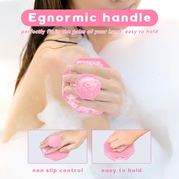 Alyvisun Silicone Body Scrubber with Hook and Suction, Handheld Shower Bath Brush for Gently Exfoliating & Massaging, Cleansing Brush for All Skin Types (Pink)