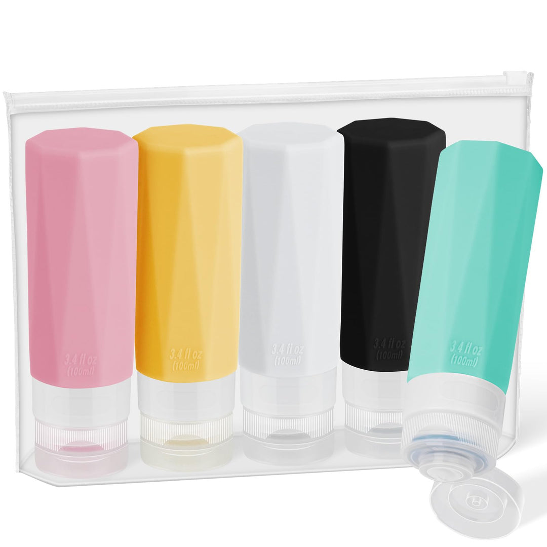 Alyvisun Travel Bottles for Toiletries 100ml, 5 Pack Silicone Refillable Travel Containers, Squeezable Toiletry Bottles with Storage Bag, for Shampoo, Lotion, Soap