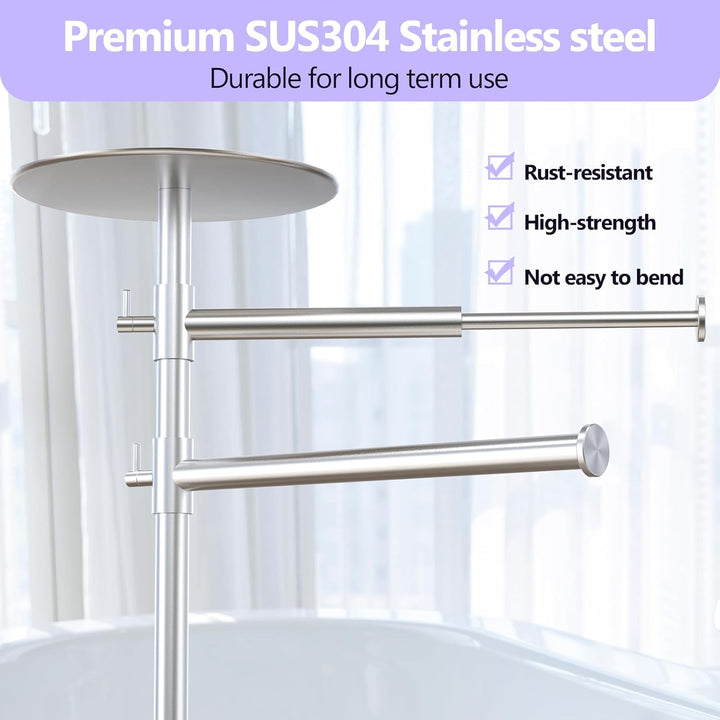 Alyvisun Bathroom Free Standing Towel Rail, Weighted-base Towel Rack with Tray and 2 Extendable Arms [Height Adjustable & 360° Rotatable], Stainless Steel Floor Standing Towel Drying Rack