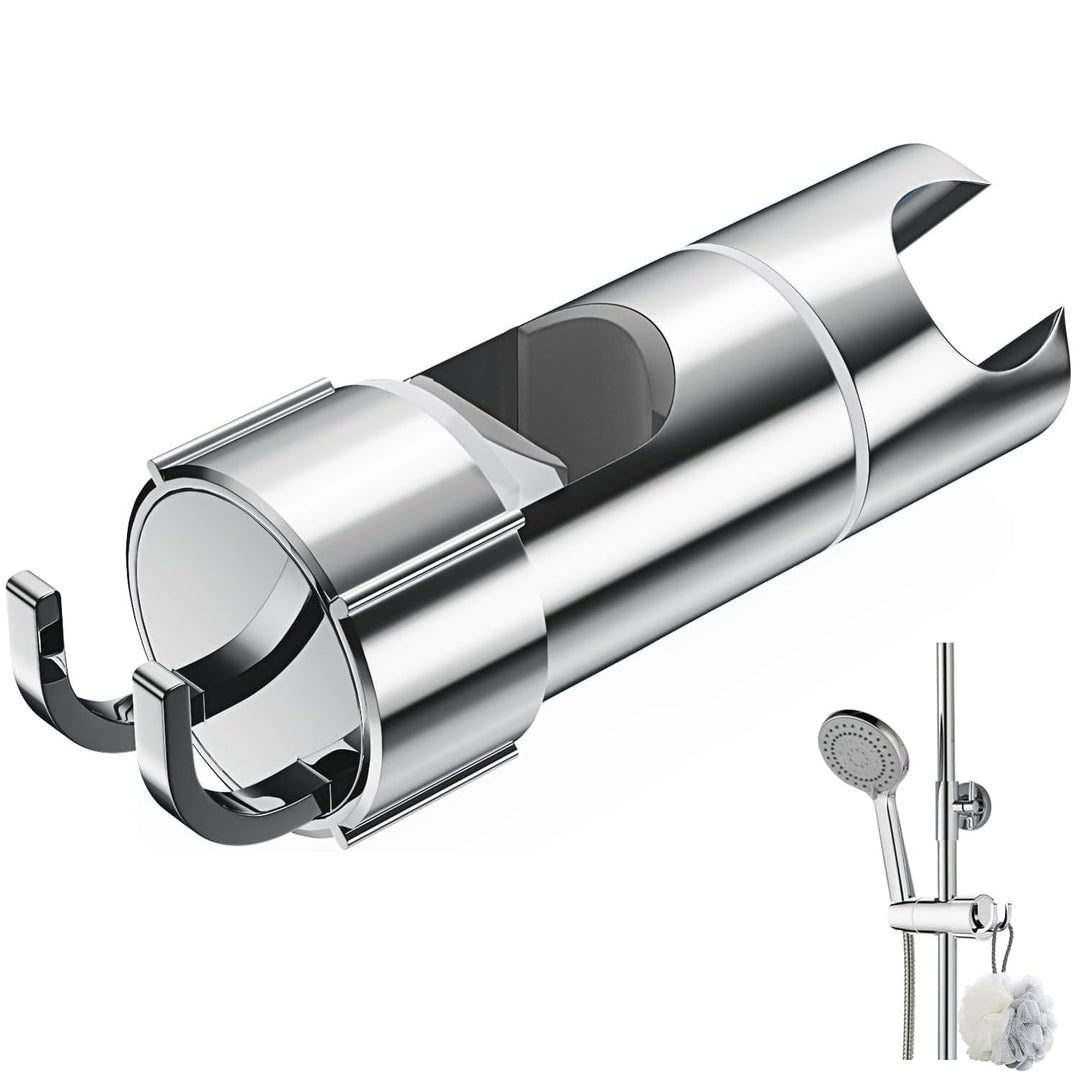 Alyvisun Shower Head Holder with 2 Hooks, Adjustable Shower Holder Bracket for 16-27mm Slide Rod, Universal Chrome Plated Shower Head Holder Replacement with Easy Installation
