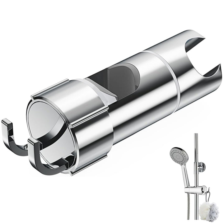 Alyvisun Shower Head Holder with 2 Hooks, Adjustable Shower Holder Bracket for 16-27mm Slide Rod, Universal Chrome Plated Shower Head Holder Replacement with Easy Installation