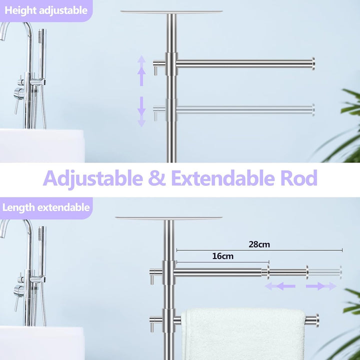 Alyvisun Bathroom Free Standing Towel Rail, Weighted-base Towel Rack with Tray and 2 Extendable Arms [Height Adjustable & 360° Rotatable], Stainless Steel Floor Standing Towel Drying Rack