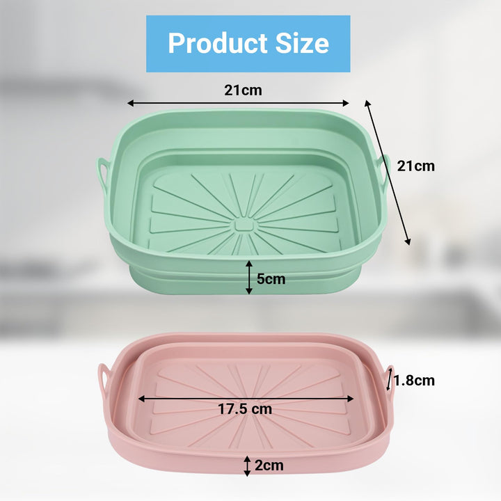 Alyvisun Silicone Air Fryer Liners 2PCS Reusable Airfryer Tray Foldable Kitchen Accessories Basket Versatile Square Baking Rack Pot for Microwave, Oven, Pink+Green