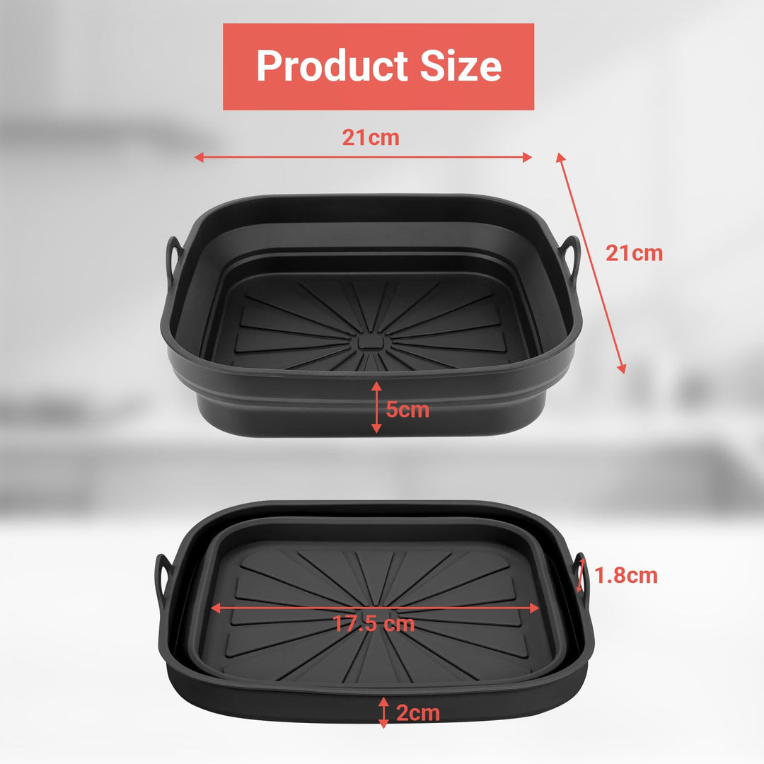 Alyvisun Silicone Air Fryer Liners 2PCS Reusable Airfryer Tray Foldable Kitchen Accessories Basket Versatile Square Baking Rack Pot for Microwave, Oven, Black+Black