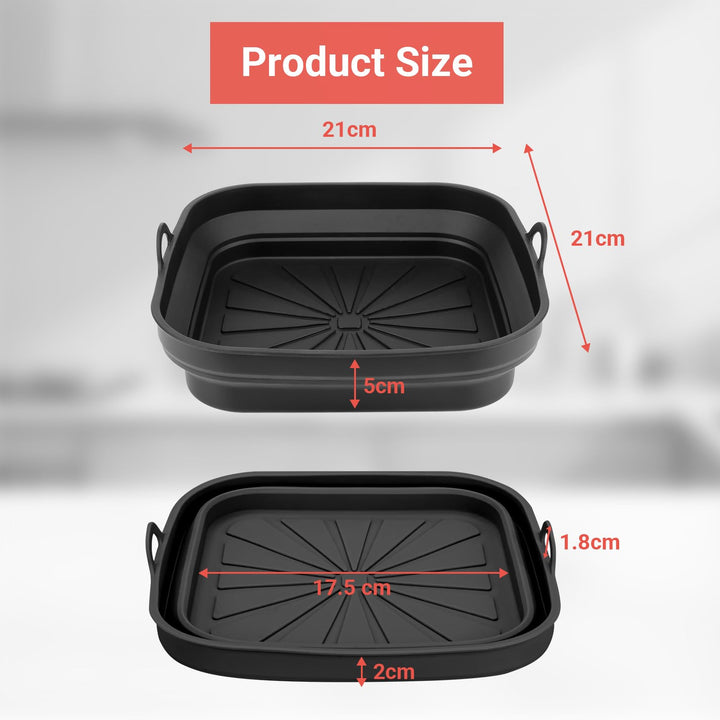 Alyvisun Silicone Air Fryer Liners 2PCS Reusable Airfryer Tray Foldable Kitchen Accessories Basket Versatile Square Baking Rack Pot for Microwave, Oven, Black+Black