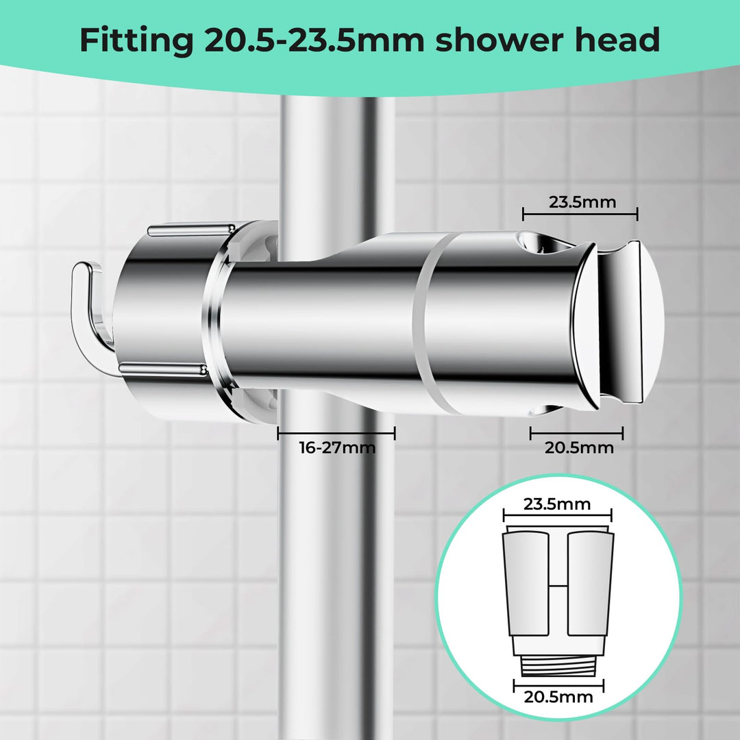Alyvisun Shower Head Holder with 2 Hooks for 20.5-23.5mm Shower Heads, Adjustable Shower Head Bracket for 16-27mm Slide Rod, Chrome Plated Shower Holder Replacement