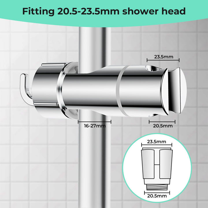 Alyvisun Shower Head Holder with 2 Hooks for 20.5-23.5mm Shower Heads, Adjustable Shower Head Bracket for 16-27mm Slide Rod, Chrome Plated Shower Holder Replacement