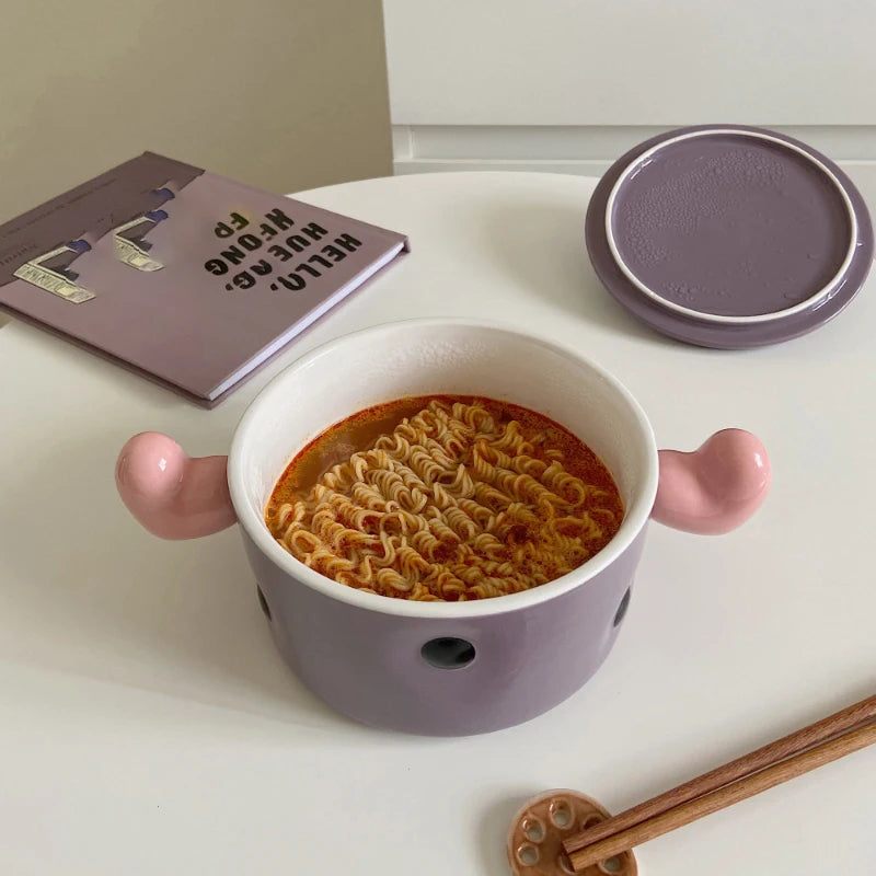 Ceramic Bowl with Cover Creative Sweet Household Porcelain Dinnerware Noodles Soup Fruit Salad Dessert Bowls