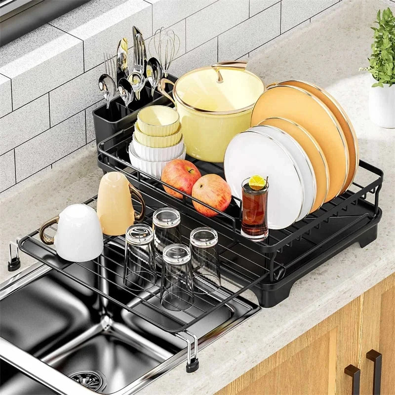 Dish Drying Rack 2-Tier Compact Kitchen Dish Rack Drainboard Set Large Rust-Proof Dish Drainer With Utensil Holder