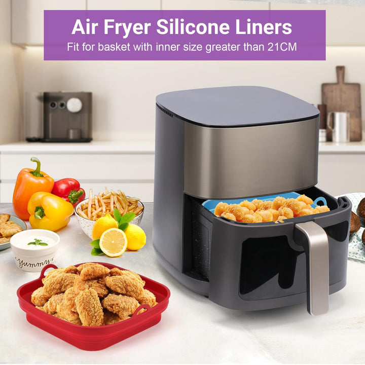 Alyvisun Silicone Air Fryer Liners 2PCS Reusable Airfryer Tray Foldable Kitchen Accessories Basket Versatile Square Baking Rack Pot for Microwave, Oven, Red+Sky Blue