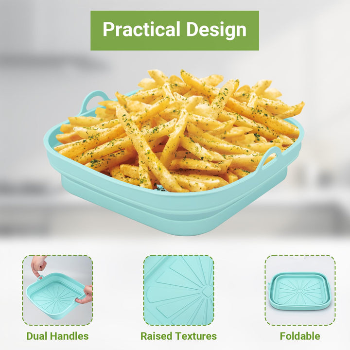 Alyvisun Silicone Air Fryer Liners 2PCS Reusable Airfryer Tray Foldable Kitchen Accessories Basket Versatile Square Baking Rack Pot for Microwave, Oven (Blue+Grey)