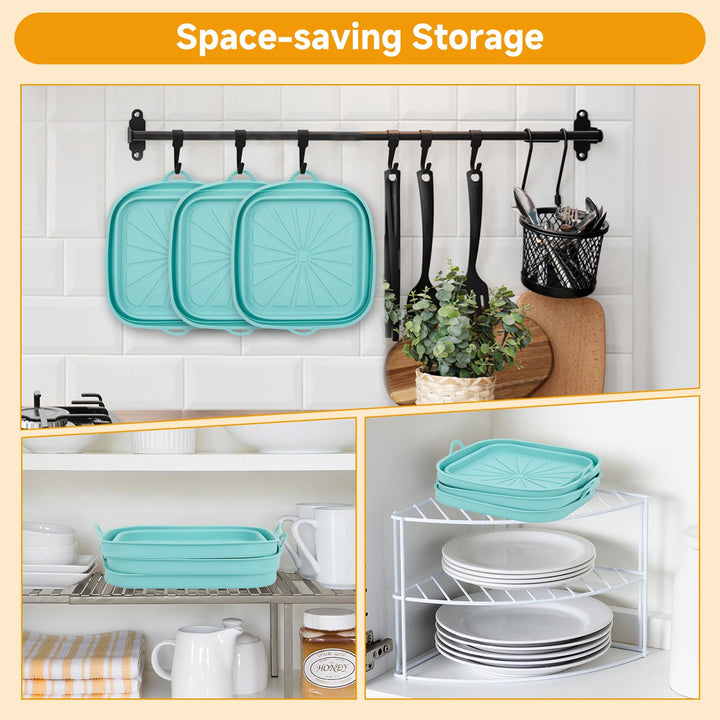 Alyvisun Air Fryer Liners 3PCS Reusable Silicone Tray Foldable Kitchen Basket Versatile Square Baking Pot Accessories for Airfryer, Microwave, Oven, Blue