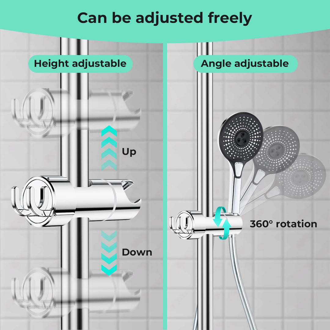 Alyvisun Shower Head Holder with 2 Hooks for 20.5-23.5mm Shower Heads, Adjustable Shower Head Bracket for 16-27mm Slide Rod, Chrome Plated Shower Holder Replacement