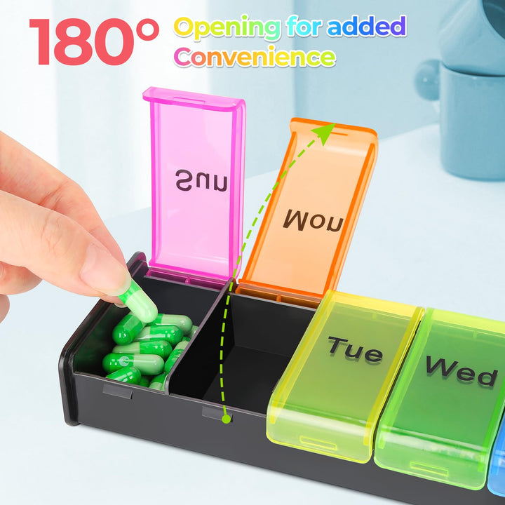 Alyvisun Pill Box 7 Day 1 Times a Day, Weekly Tablet Organiser, Travel Daily Pill Box Organiser 7 Day, Large Pillbox Tablet Box Portable Pill Case Tablet Dispenser for Travel Work, Black