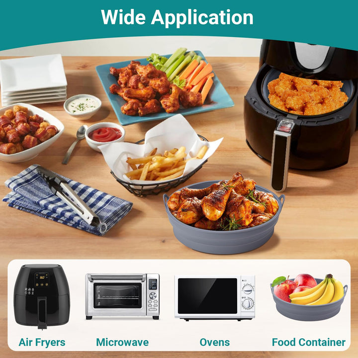 Alyvisun Air Fryer Silicone Liners 2PCS Reusable Airfryer Accessories Basket Foldable Baking Tray Inserts Versatile Round Rack Pot for Microwave, Oven (Grey)
