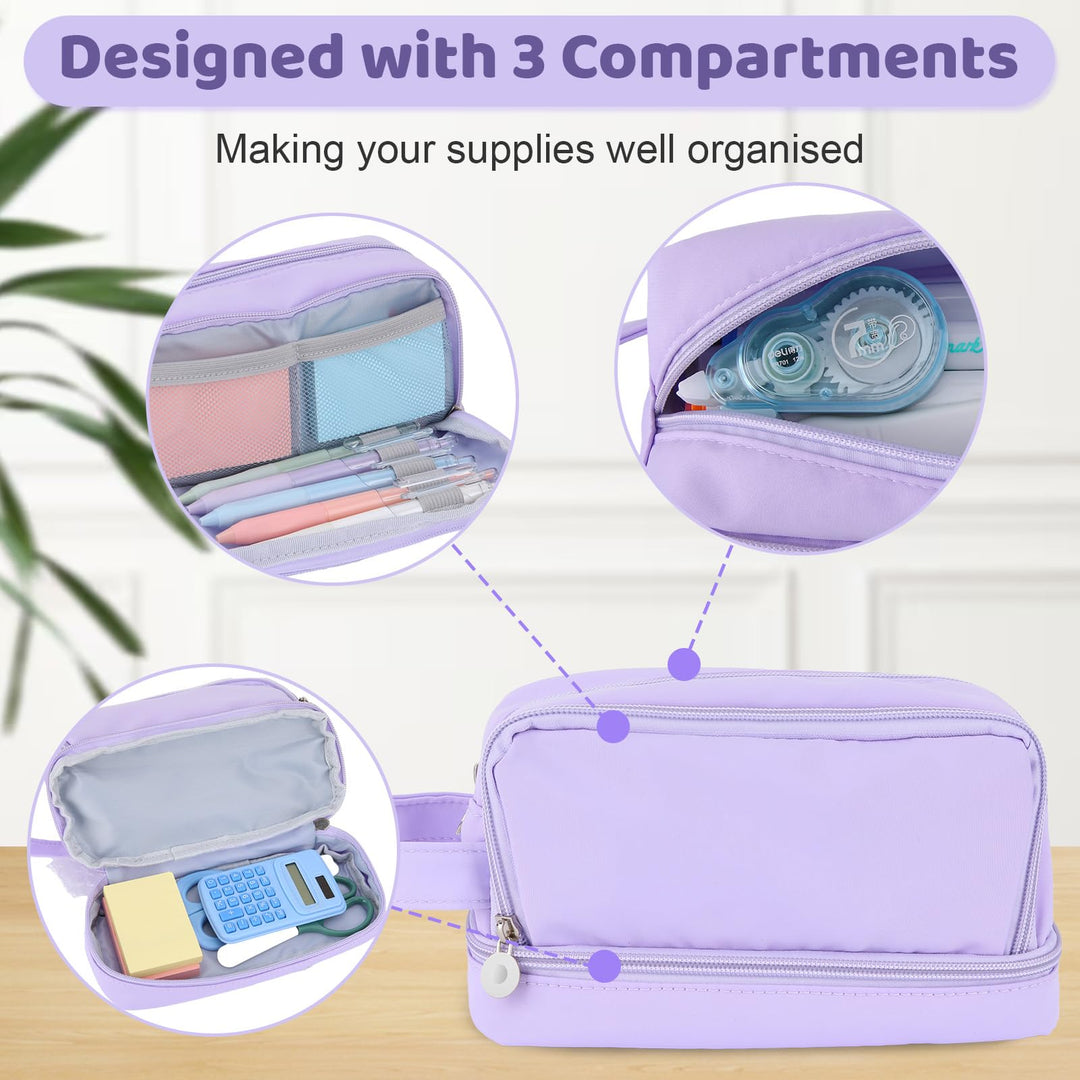 Alyvisun Large Capacity Pencil Case with 3 Compartments for Boys Girls, Desk Stationery Organizer Pencil Pouch with Handle, Portable Pencil Case for School Office Supplies (Purple)