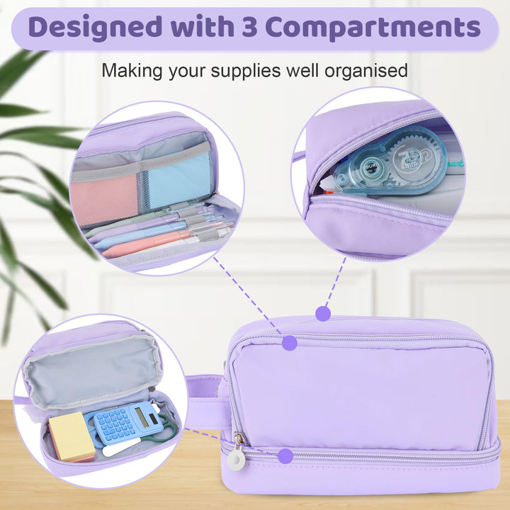 Alyvisun Large Capacity Pencil Case with 3 Compartments for Boys Girls, Desk Stationery Organizer Pencil Pouch with Handle, Portable Pencil Case for School Office Supplies (Purple)