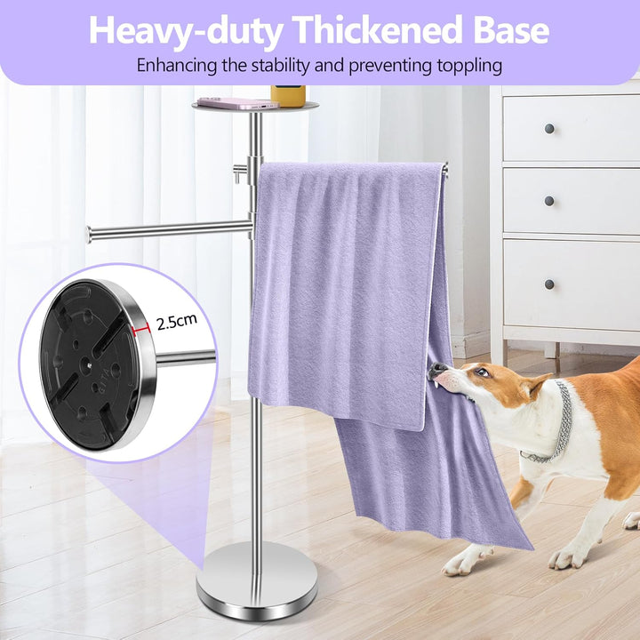 Alyvisun Bathroom Free Standing Towel Rail, Weighted-base Towel Rack with Tray and 2 Extendable Arms [Height Adjustable & 360° Rotatable], Stainless Steel Floor Standing Towel Drying Rack