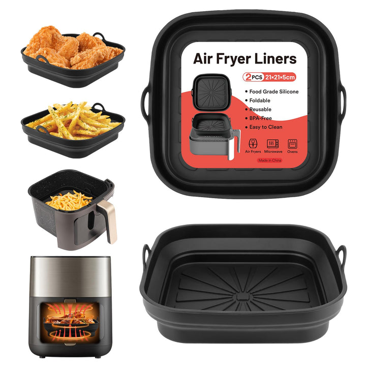 Alyvisun Silicone Air Fryer Liners 2PCS Reusable Airfryer Tray Foldable Kitchen Accessories Basket Versatile Square Baking Rack Pot for Microwave, Oven, Black+Black