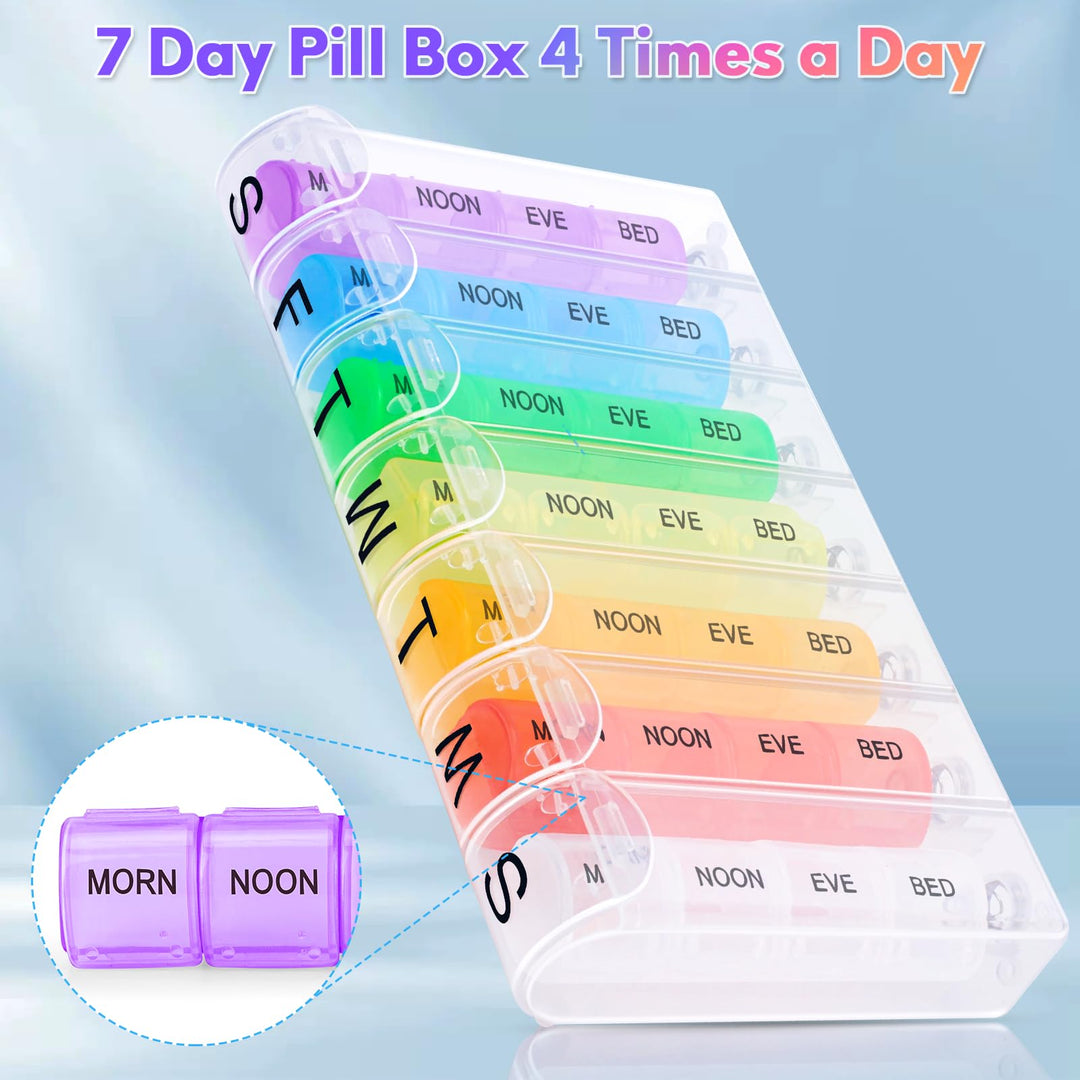 Alyvisun 7 Day Pill Box Organiser 4 Times a Day, Weekly Tablet Box Travel Pill Organiser 28 compartments, Portable Pill Case Dispenser with Spring Assisted Open and Snap on Lid Design for Travel Work
