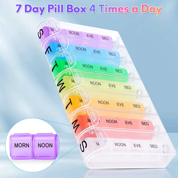 Alyvisun 7 Day Pill Box Organiser 4 Times a Day, Weekly Tablet Box Travel Pill Organiser 28 compartments, Portable Pill Case Dispenser with Spring Assisted Open and Snap on Lid Design for Travel Work