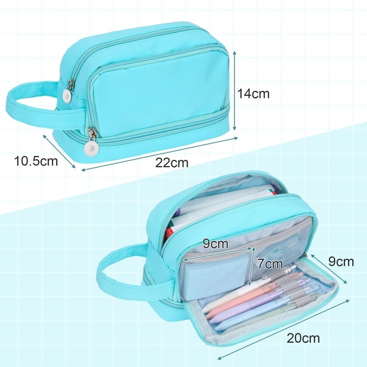 Alyvisun Large Capacity Pencil Case with 3 Compartments for Boys Girls, Desk Stationery Organizer Pencil Pouch with Handle, Portable Pencil Case for School Office Supplies (Blue)