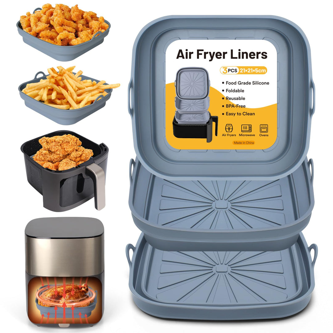 Alyvisun Air Fryer Liners 3PCS Reusable Silicone Tray Foldable Kitchen Basket Versatile Square Baking Pot Accessories for Airfryer, Microwave, Oven, Grey