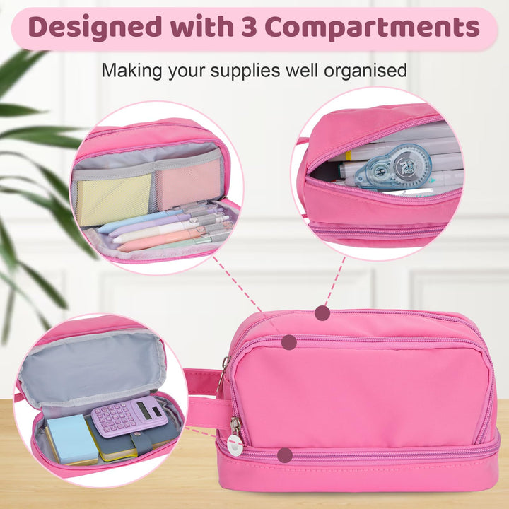 Alyvisun Large Capacity Pencil Case with 3 Compartments for Boys Girls, Desk Stationery Organizer Pencil Pouch with Handle, Portable Pencil Case for School Office Supplies (Pink)